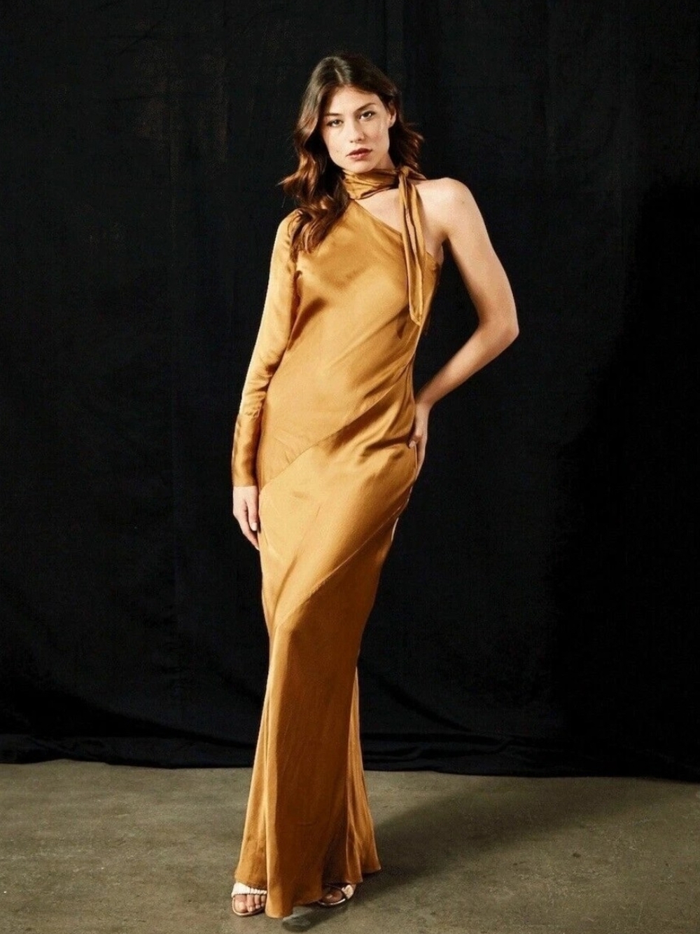 New Young Fabulous & Broke YFB Febe Satin One-Shoulder Maxi Dress NWT Dark Gold